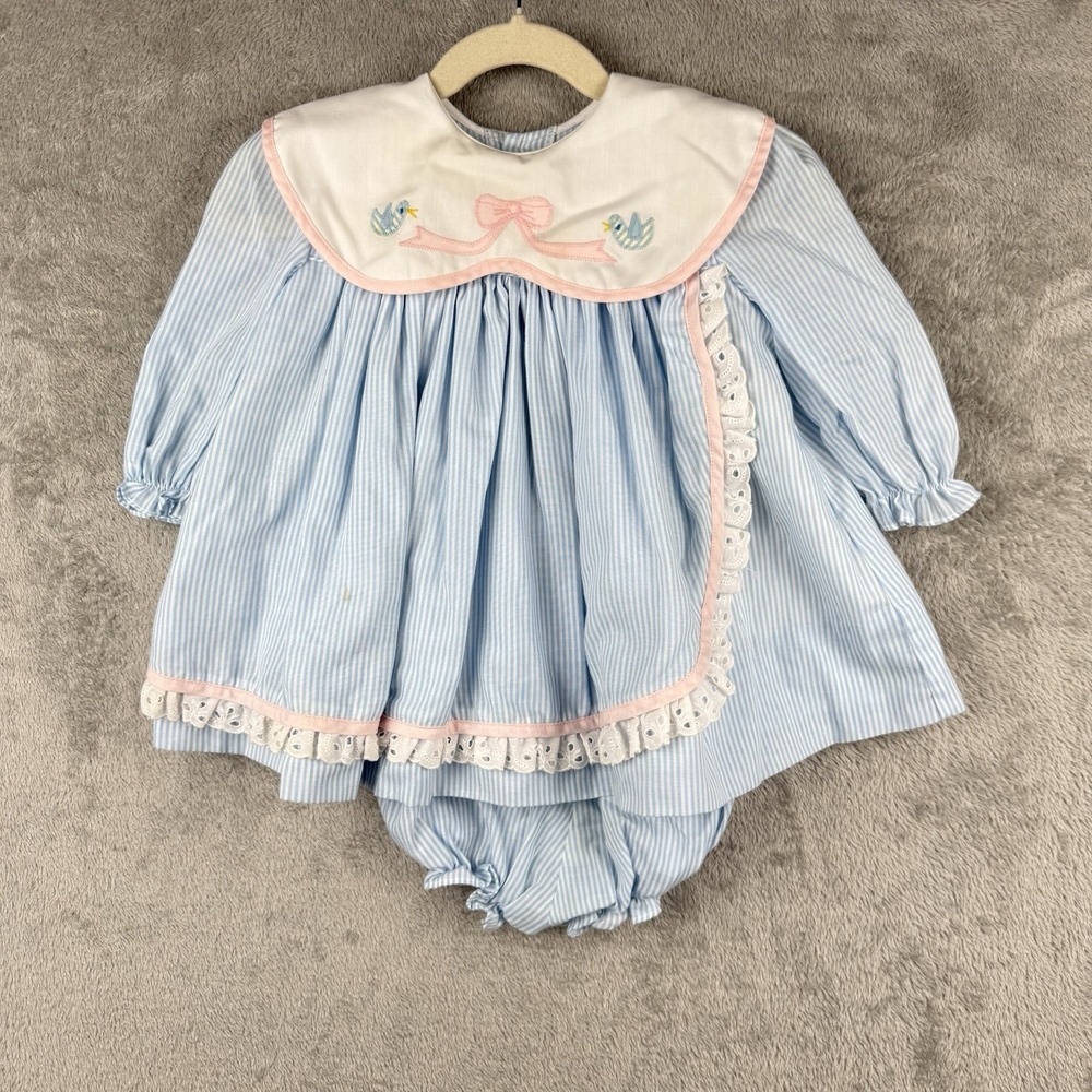 Jayne Copeland Pinafore Dress 24 Mo Blue Pinstripe Easter Bow VTG 90s Coquette